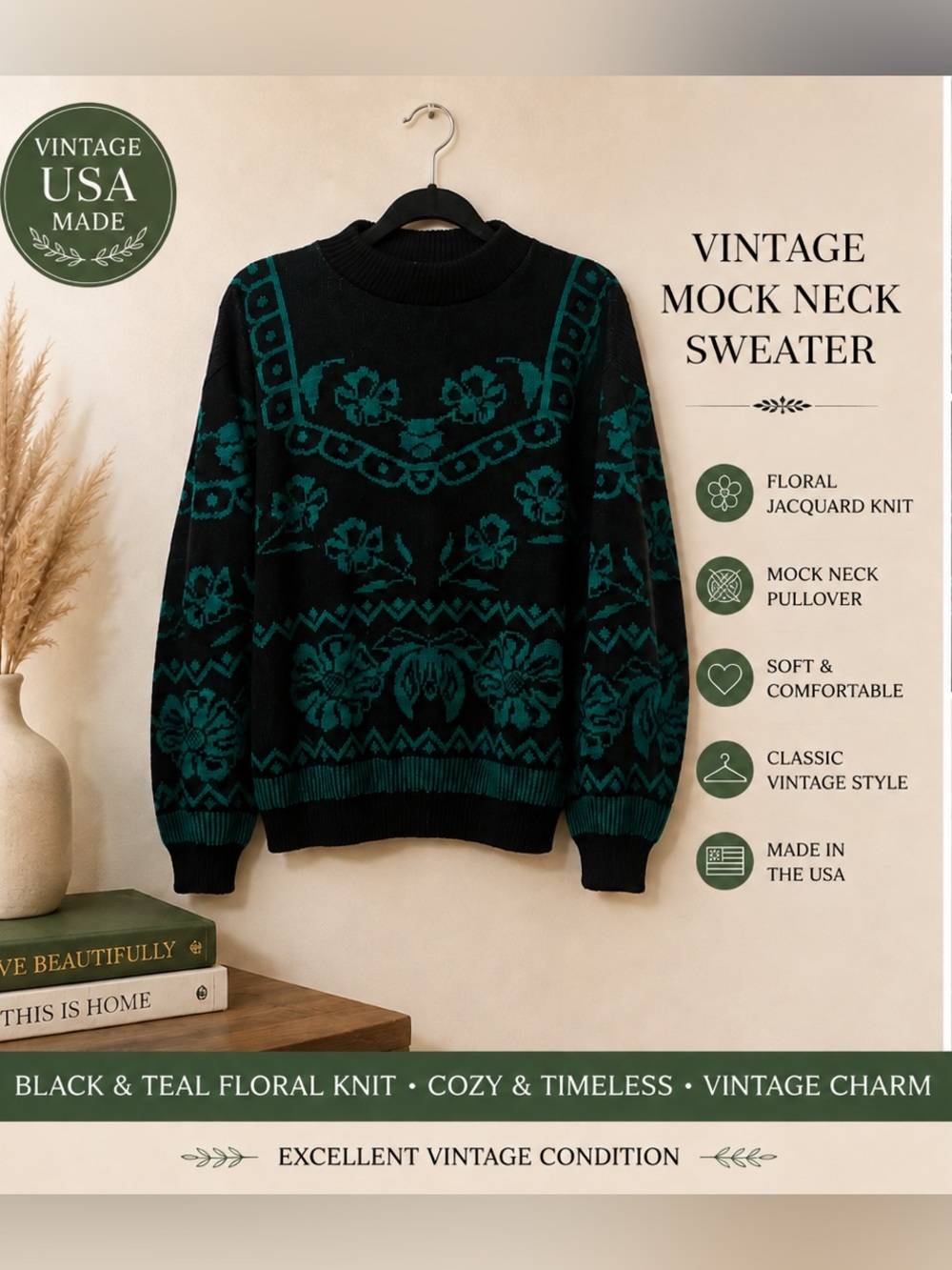 Vintage Brunny USA Made Black & Teal Floral Mock Neck Sweater Women’s Medium Coz